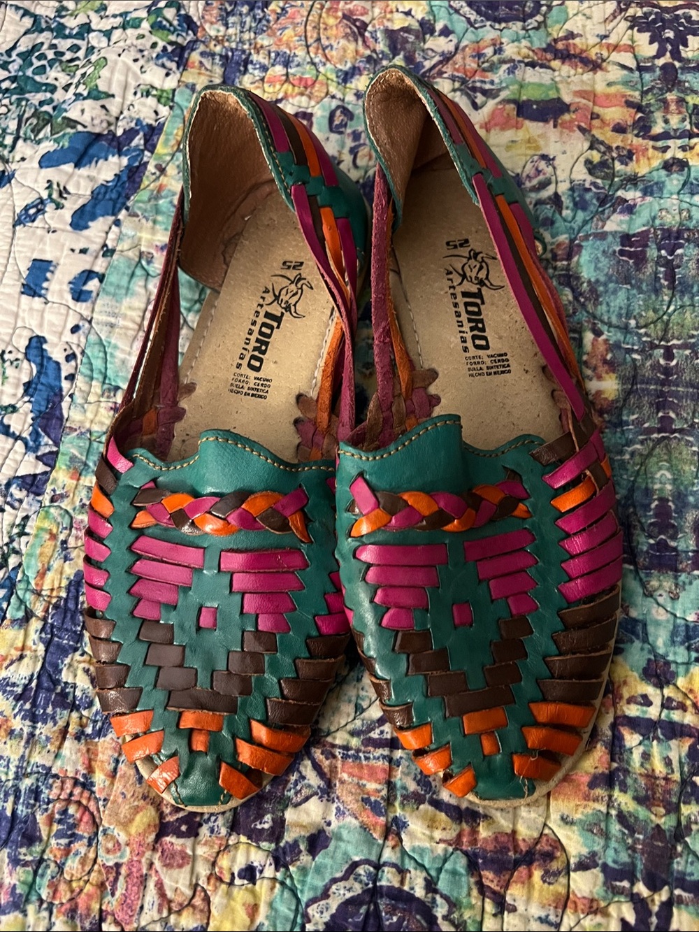 Teal Leather Huarache Flats with Pink, Orange, and Brown Accents